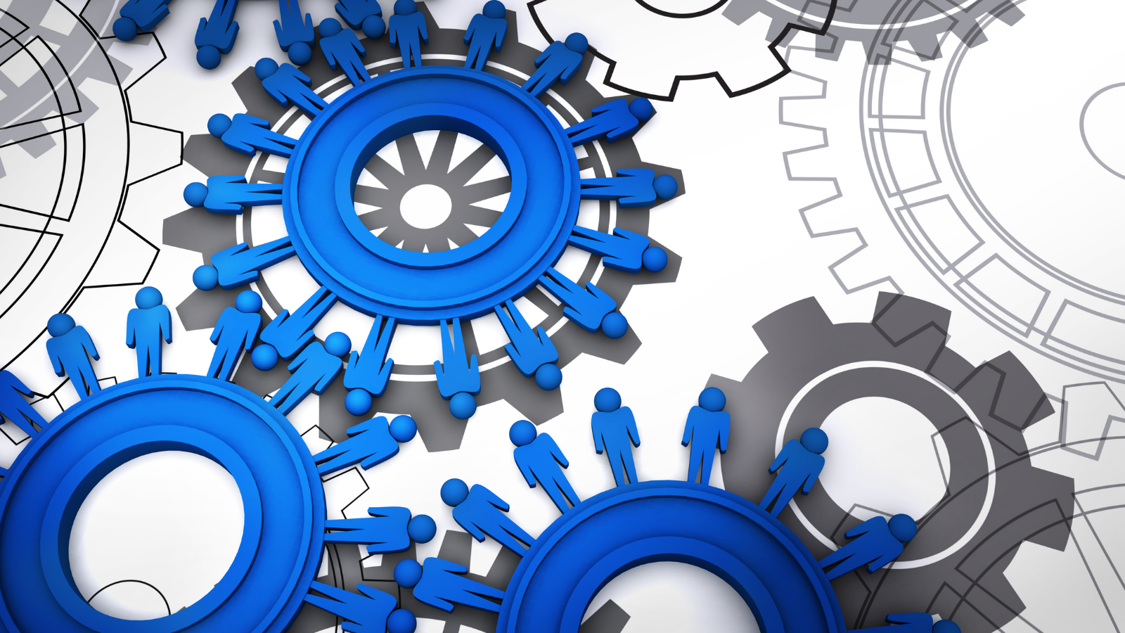 Content strategy blog image Colourful cogs. Instead of teeth, the cogs interlink using people